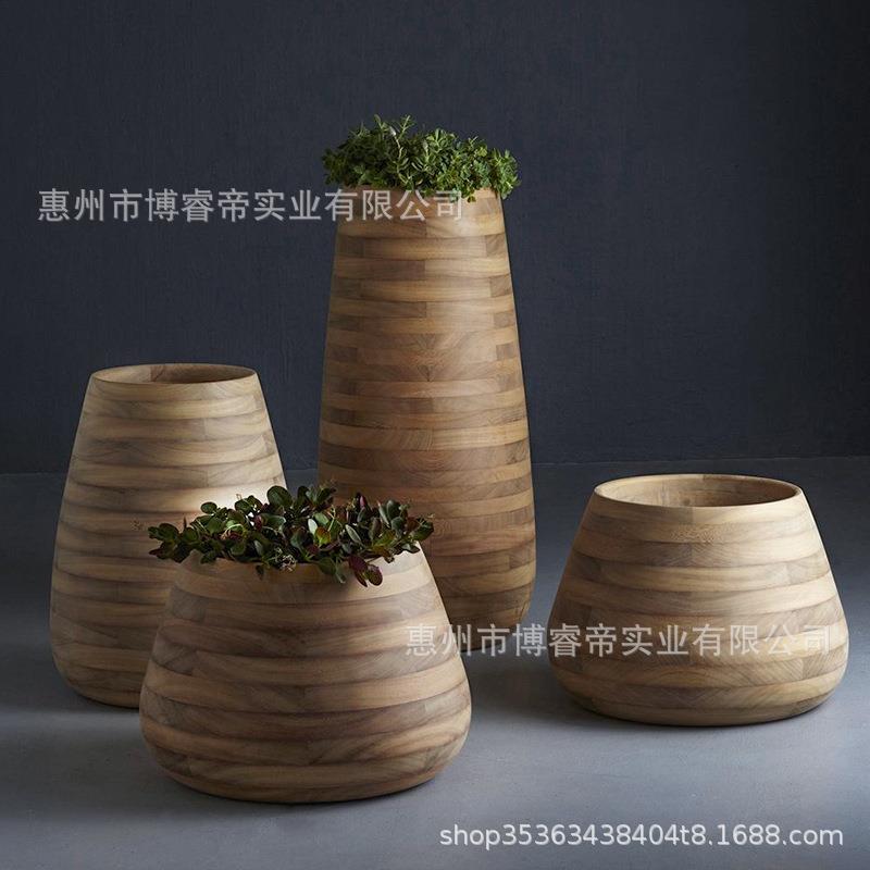 创意玻璃钢仿木纹花盆商场装饰花器木质酒店售楼部户外景观花钵