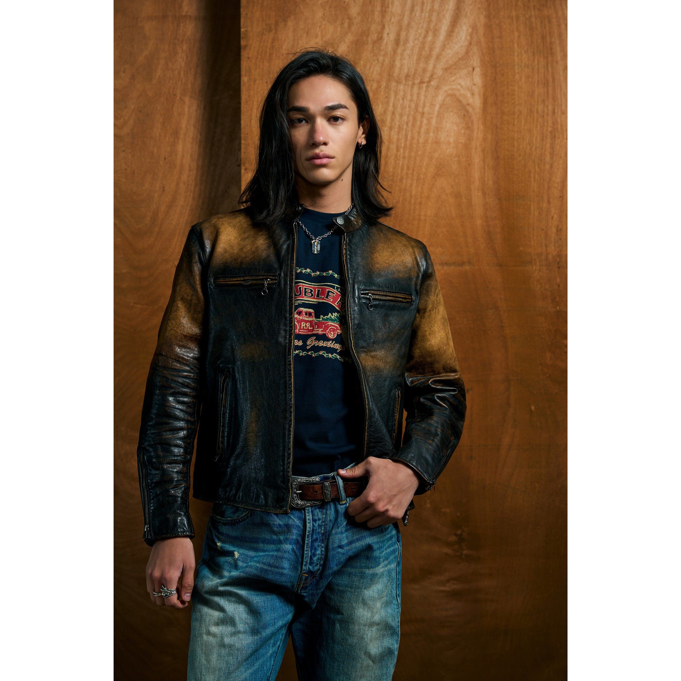 真皮皮衣男做旧茶芯牛皮立领外套