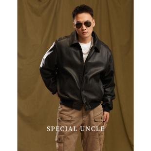 特叔棒球服加棉皮衣真羊皮时尚翻领秋冬简约百搭宽松经典飞行夹克