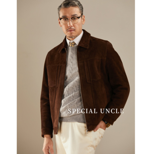 特叔紫标绒面夹克男士复古老钱风真皮皮衣秋冬外套翻领商务时尚