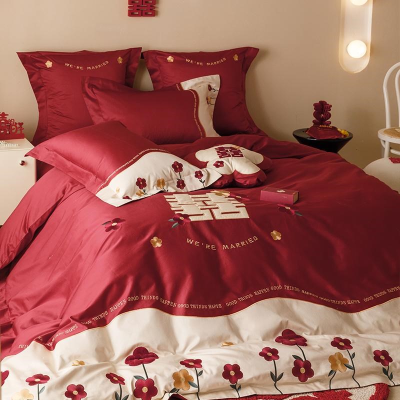 少女心高级感立体花全棉长绒棉四件套红色结婚庆被套陪嫁床单床品