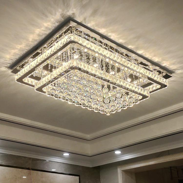 不锈钢水晶灯长方形轻奢客厅灯led吸顶灯简约奢华现代卧室灯具