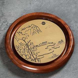 花梨木铜片壶托底座蓄水圆形茶壶承杯垫紫砂茶壶垫干泡盘配件