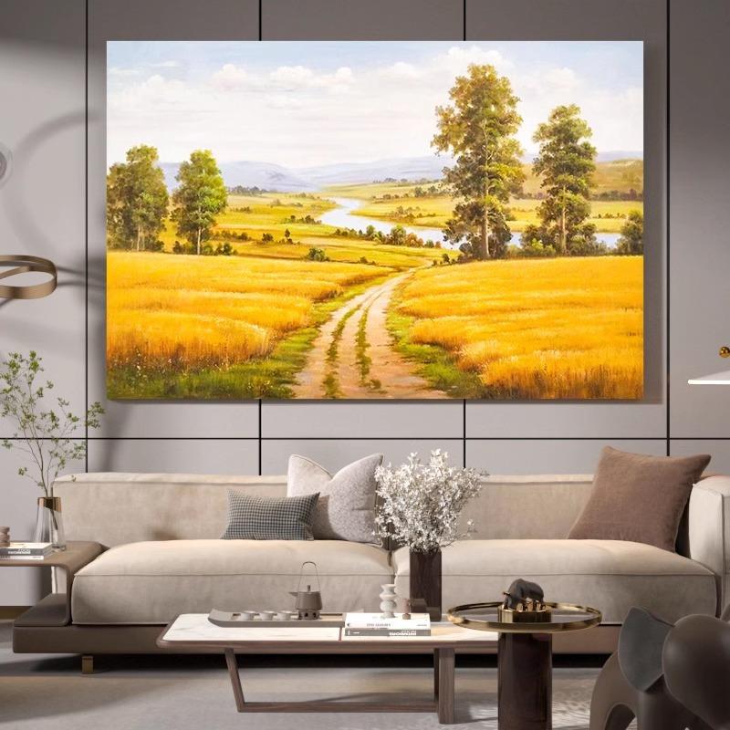 简约轻奢风格丰收金色麦田纯手绘油画客厅挂画田园风景餐厅装饰画
