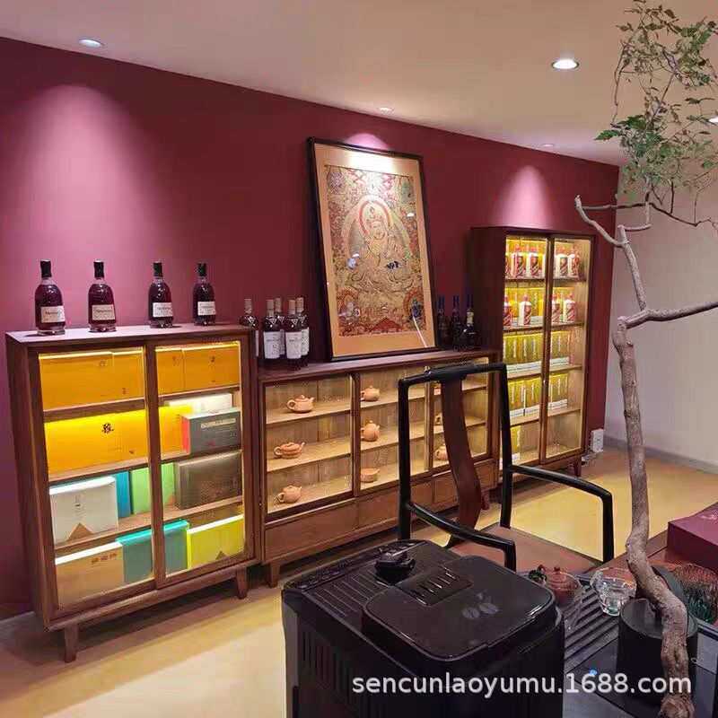 老榆木玻璃灯光餐边柜酒吧酒店酒瓶道具展示柜酒柜威士忌酒架