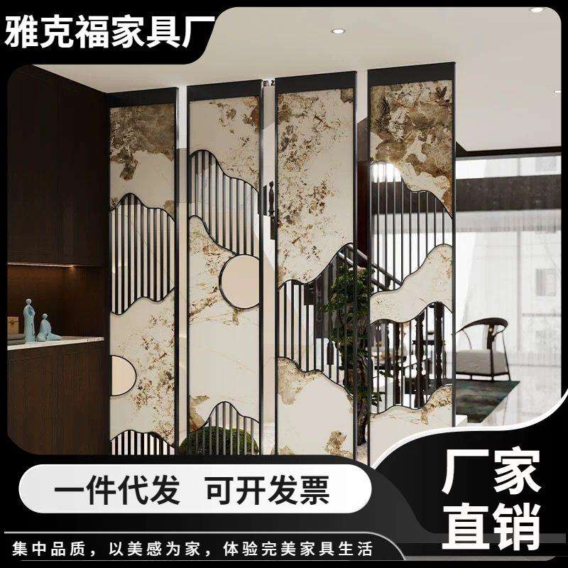 新中式水墨灯带玻璃屏风隔断茶室入户山水玄关餐厅客厅玄关隔断柜