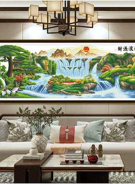 跨境十字绣迎客松财源滚滚风景山水画新中式现代客厅装饰刺绣
