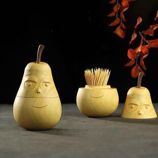 黄杨木雕梨子牙签盒个性创意可爱牙签筒家用餐厅木制水果叉盒摆件