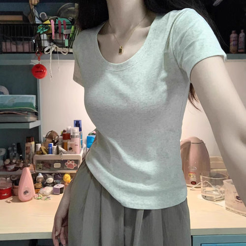美式正肩短袖t恤女夏季女装新款U领内搭短款修身紧身打底衫上衣女
