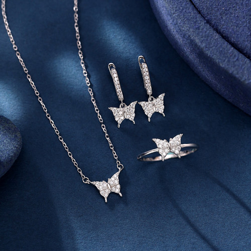 蝴蝶结925银项链戒指耳环三件套