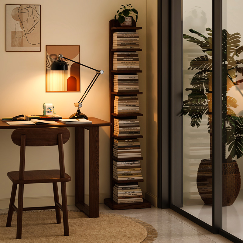 实木书架落地f置物架一体靠墙隐形转角书柜创意书本窄柜收纳展示