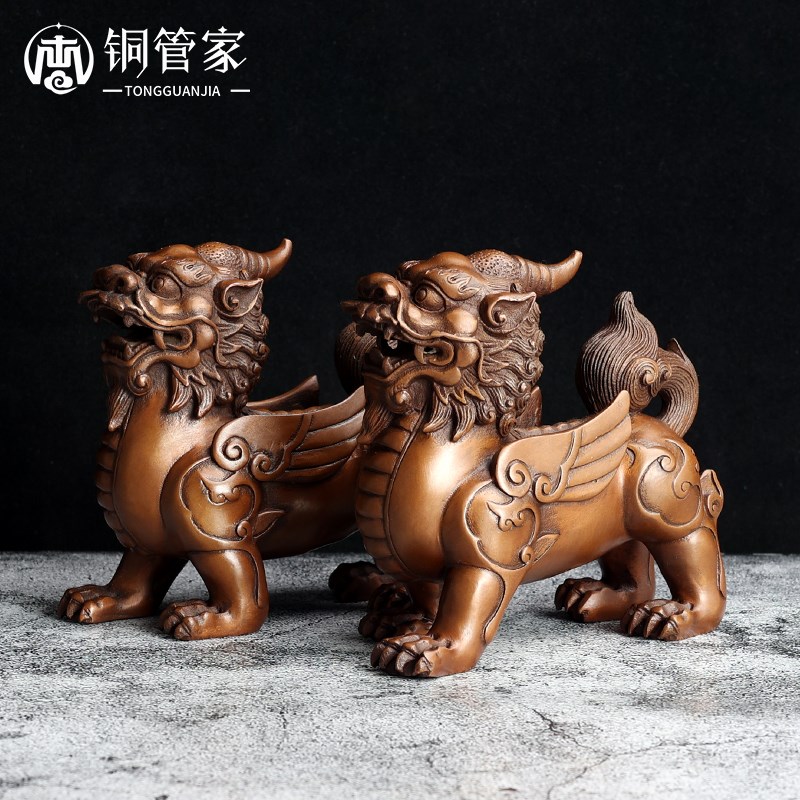 紫铜麒麟摆件一对家o居工艺品装饰摆设办公室客厅玄关店铺开业送