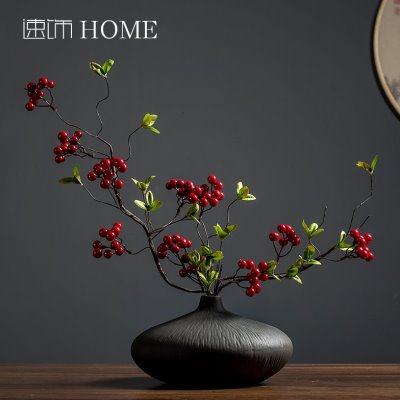 中式黑色陶瓷扁花瓶客厅餐桌玄关电视柜民宿餐厅复古家居禅意摆件,家居饰品,花瓶,淘宝优惠券,粉丝福利购,淘宝优惠卷