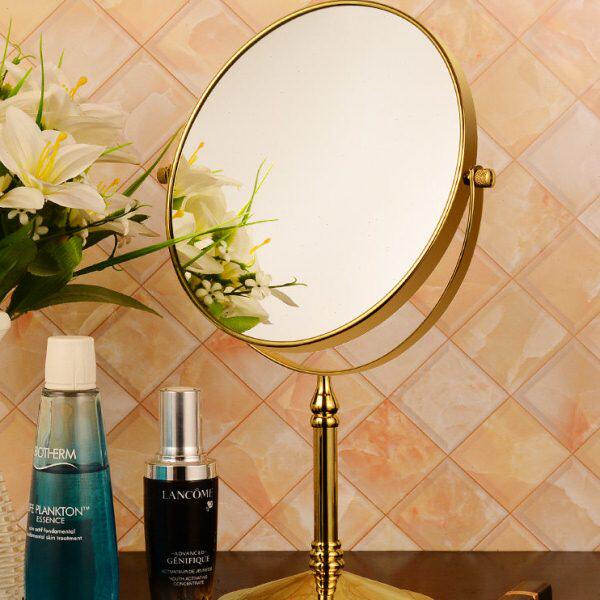 桌面化妆镜台式家用双面放大梳妆镜金色小型可立铜镜复古镜子精致