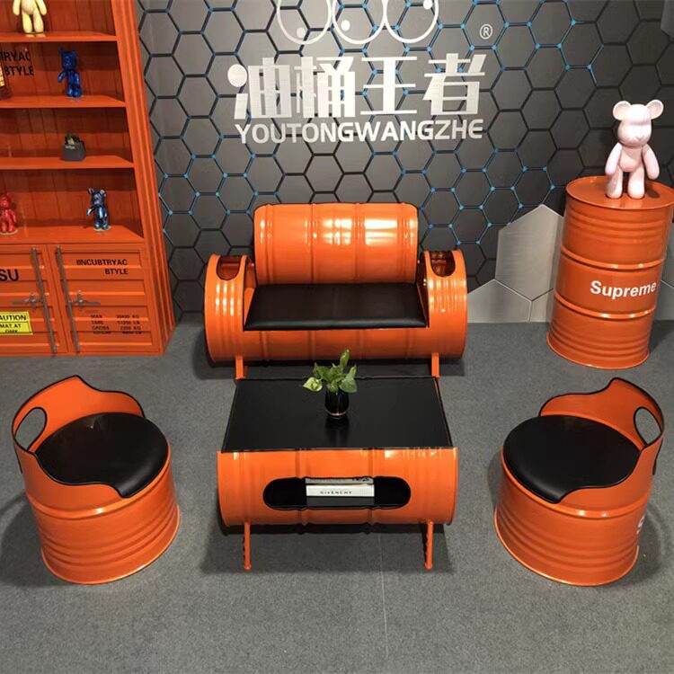 酒吧桌椅组合 油桶沙发ktv铁艺茶几服装店创意工业风复古卡座沙发