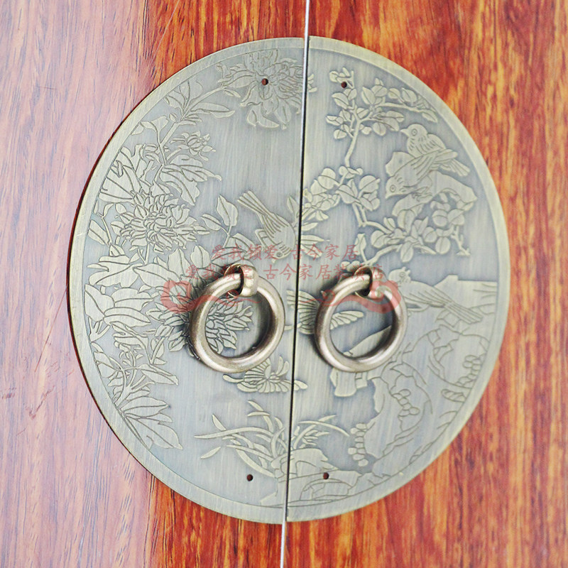 圆盘拉手铜雕花鸟中式仿古大门明装门把手圆盘装饰片纯铜拉手古铜