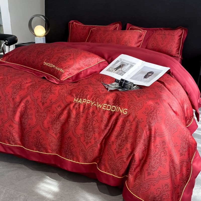 高档欧式结婚四件套大红色新婚床单被套纯棉婚庆床上用品婚房喜被