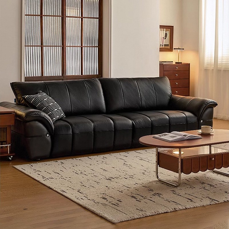 意式极简全真皮沙发钢琴键中古客厅直排J黑色覆古头层牛皮直排沙