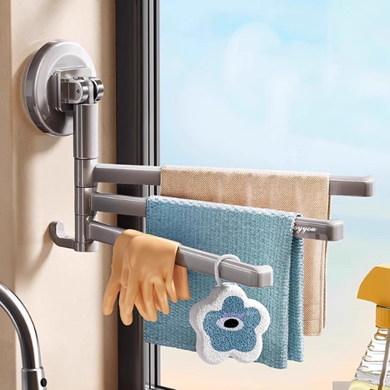 吸盘厨房抹布架壁挂式墙上免打孔B置物架洗碗槽窗台多杆可旋转挂