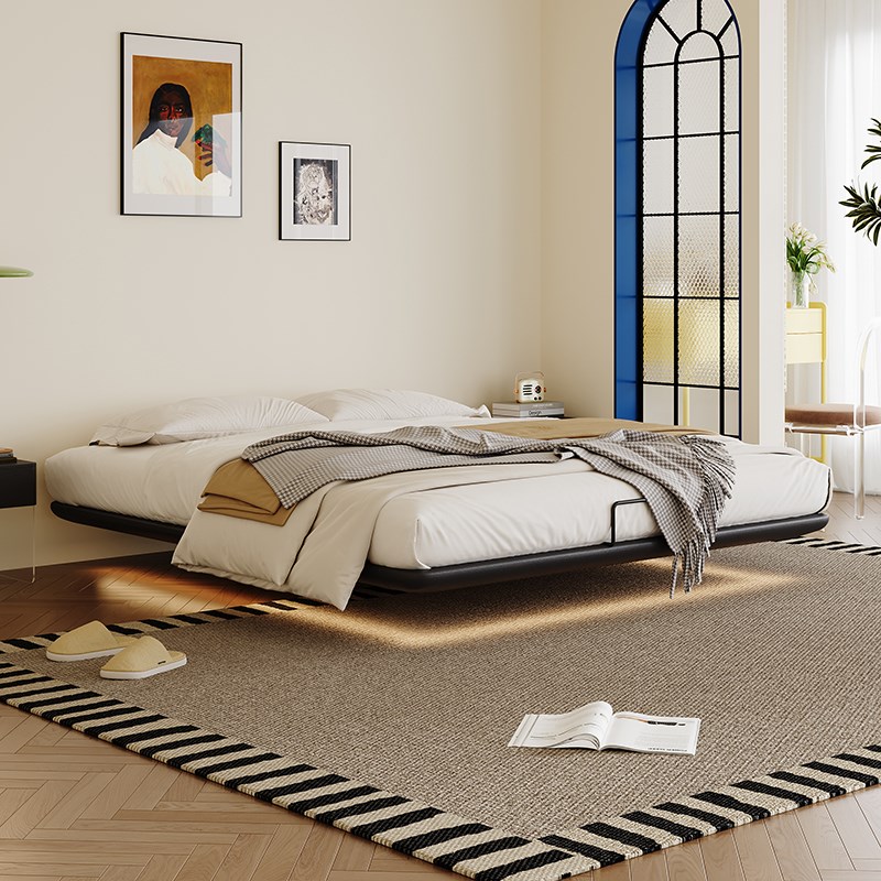 无床头主卧床意式极简真皮床1米8双F人无靠背实木床架小户型悬浮