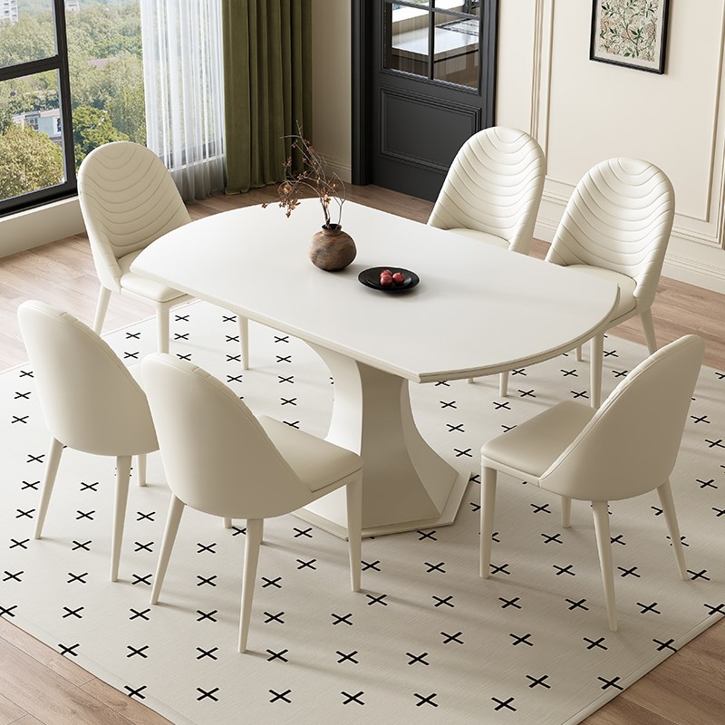 轻奢连纹岩板餐桌椅组合家用小户C型可伸缩折叠方圆两用吃饭圆桌