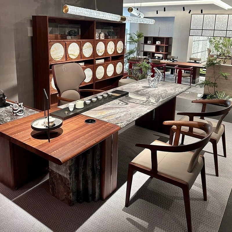 新中式北美黑胡桃木奢石茶桌2025新H款高端办公实木茶台轻奢现代