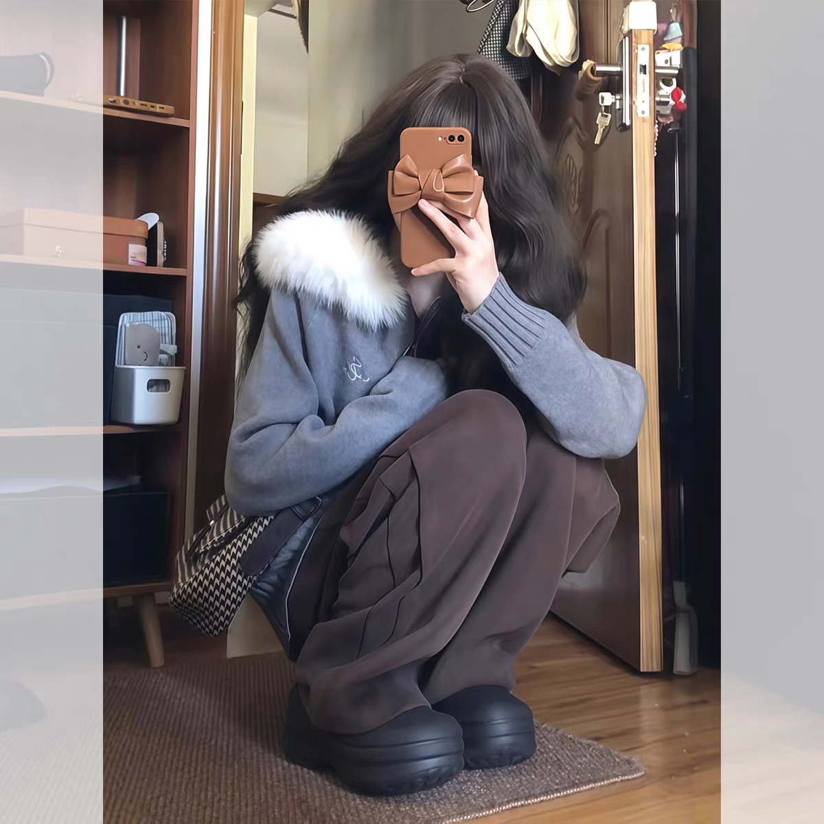 深灰色毛领连帽针织开衫毛衣外套女2025秋冬季韩系氛围感漂亮上衣