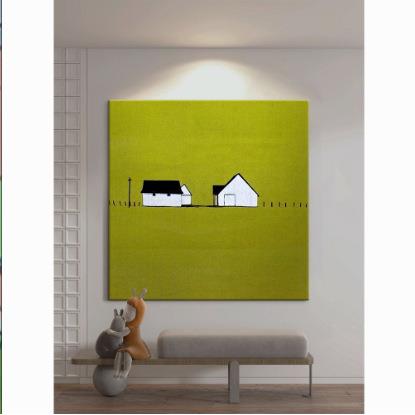 北欧风格抽象绿色小屋纯手绘油画小众艺术玄关挂画风景客厅装饰画
