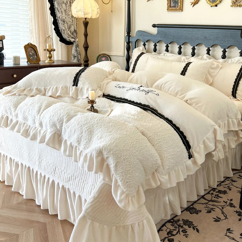法式公主风床上四件套q冬季牛奶珊瑚绒被套床单加绒床盖法兰绒床