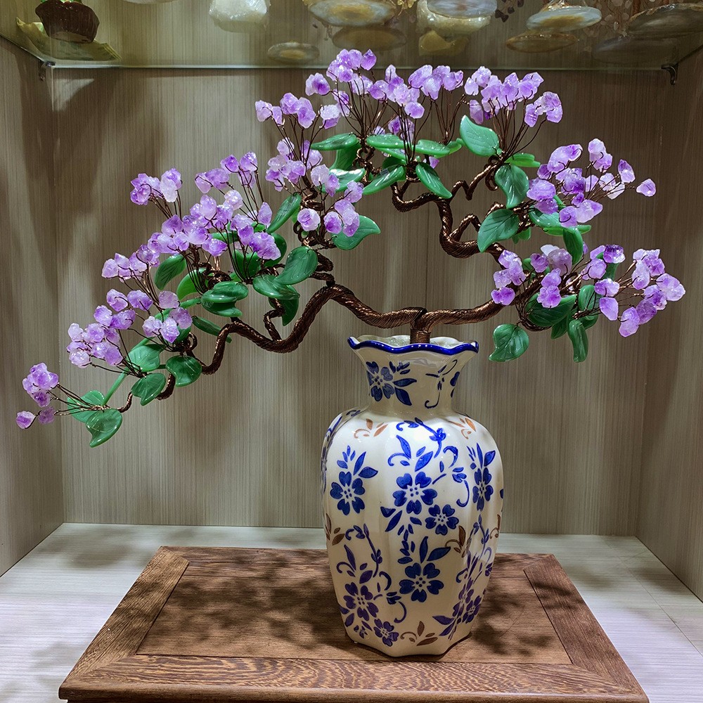天然紫水晶青花瓷陶瓷招财树水晶树家居办公开业乔迁送礼摆件