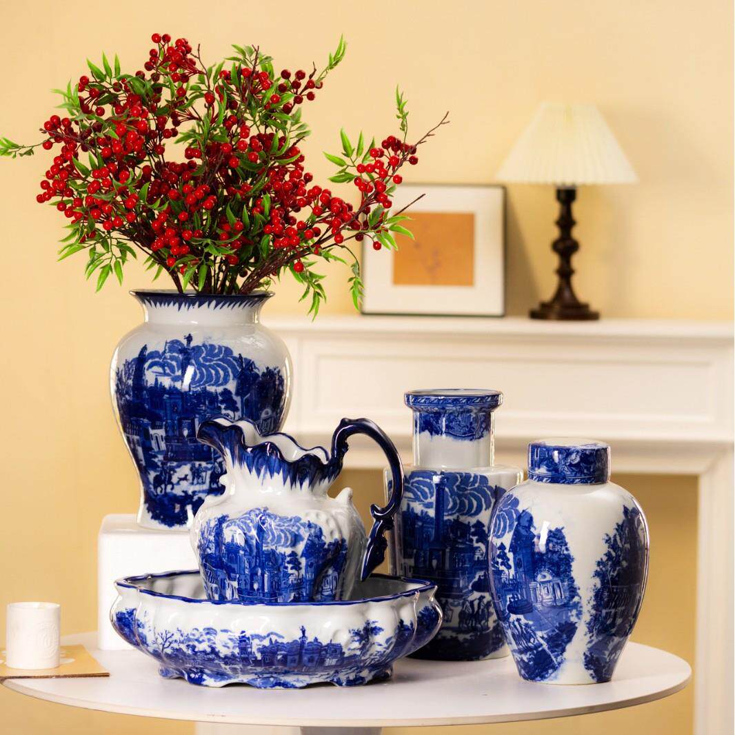 欧式青花瓷花瓶摆件客厅装饰复古高级感陶瓷花器桌面英式花瓶花盆