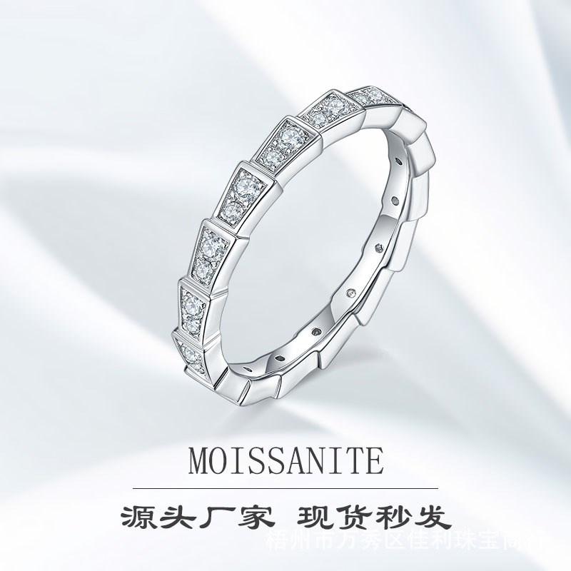机械蛇S925银镀金白色D级厘石时尚OL几何形银首饰直排莫桑石戒指