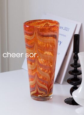 中古橙色彩色条纹手工吹制玻璃花瓶客厅家居摆件复古轻奢样板间