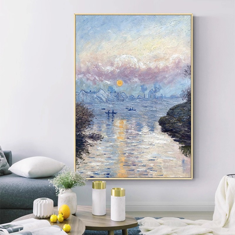 大芬村莫奈日出手绘油画客厅玄关肌理画现代轻奢挂画背景墙装饰画