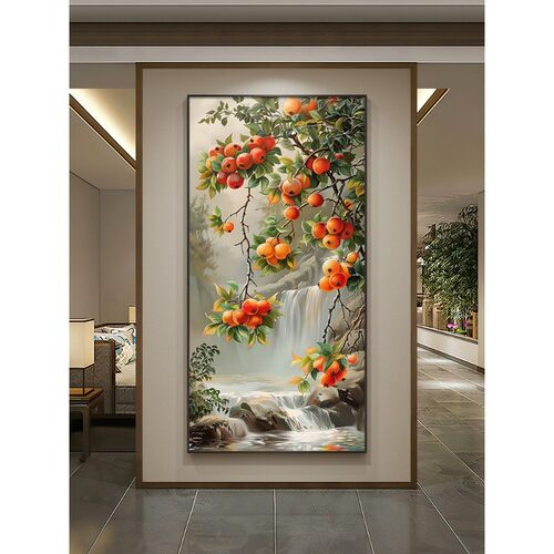 新中式多子多福玄关装饰画流水生财走廊过道挂画石榴入户壁画带灯