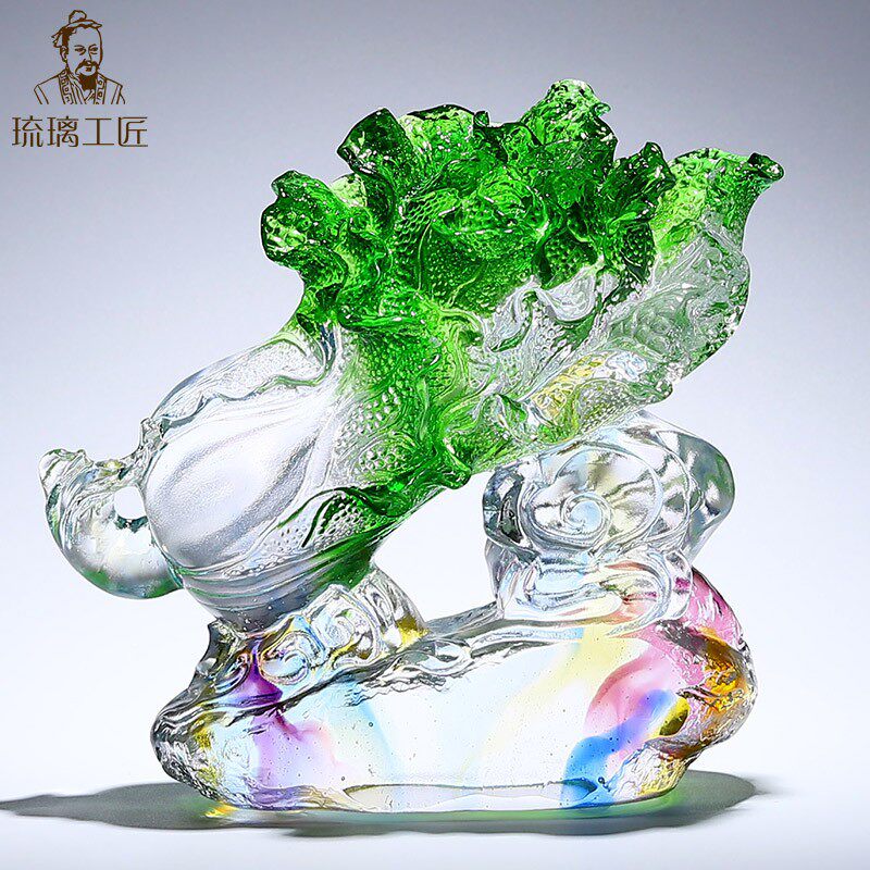 古法琉璃天然翡翠玉白菜发财摆件客厅招财工艺装饰品开业礼品高档