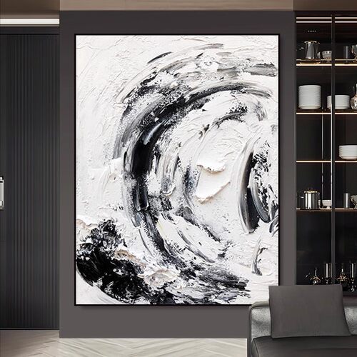 大芬村油画纯手绘抽象黑白立体玄关装饰画现代客厅背景墙肌理挂画