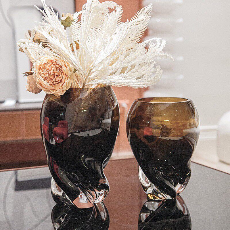 琥珀色花瓶中古风高级感轻奢设计师水晶琉璃花器大口径样板间软装