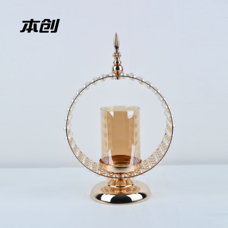 欧式烛台金色铁艺蜡烛台珍珠环形蜡烛座简约橱窗装饰摆件复古蜡台