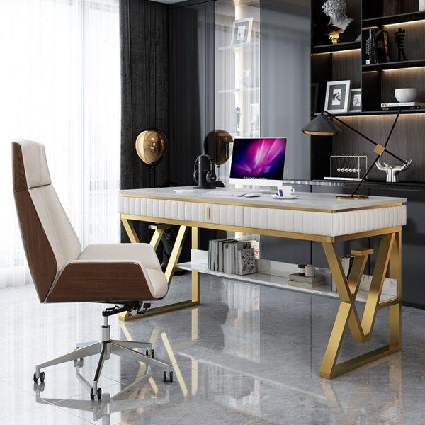 北欧大理石书桌简约岩版轻奢办公桌书房烤漆写字台白色医美咨询桌