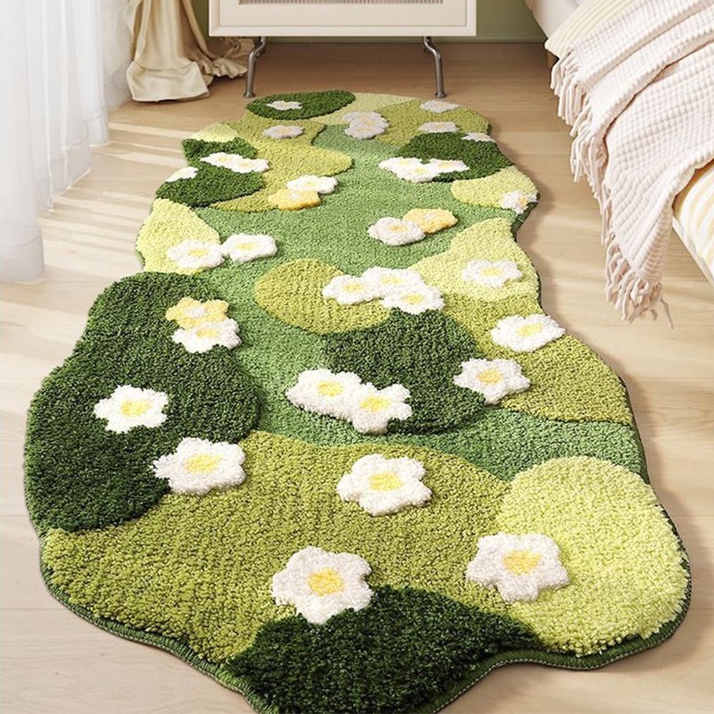 2024新款可机k洗地毯现代简约柔软触感奶油风绿色田园风房间床边