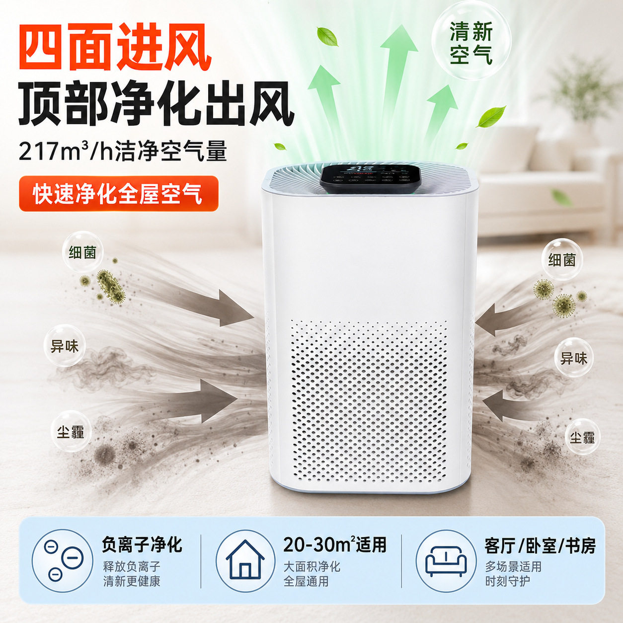 二级能效空气净化器宠物家用室内除甲醛烟味去异味负离子宠物吸毛