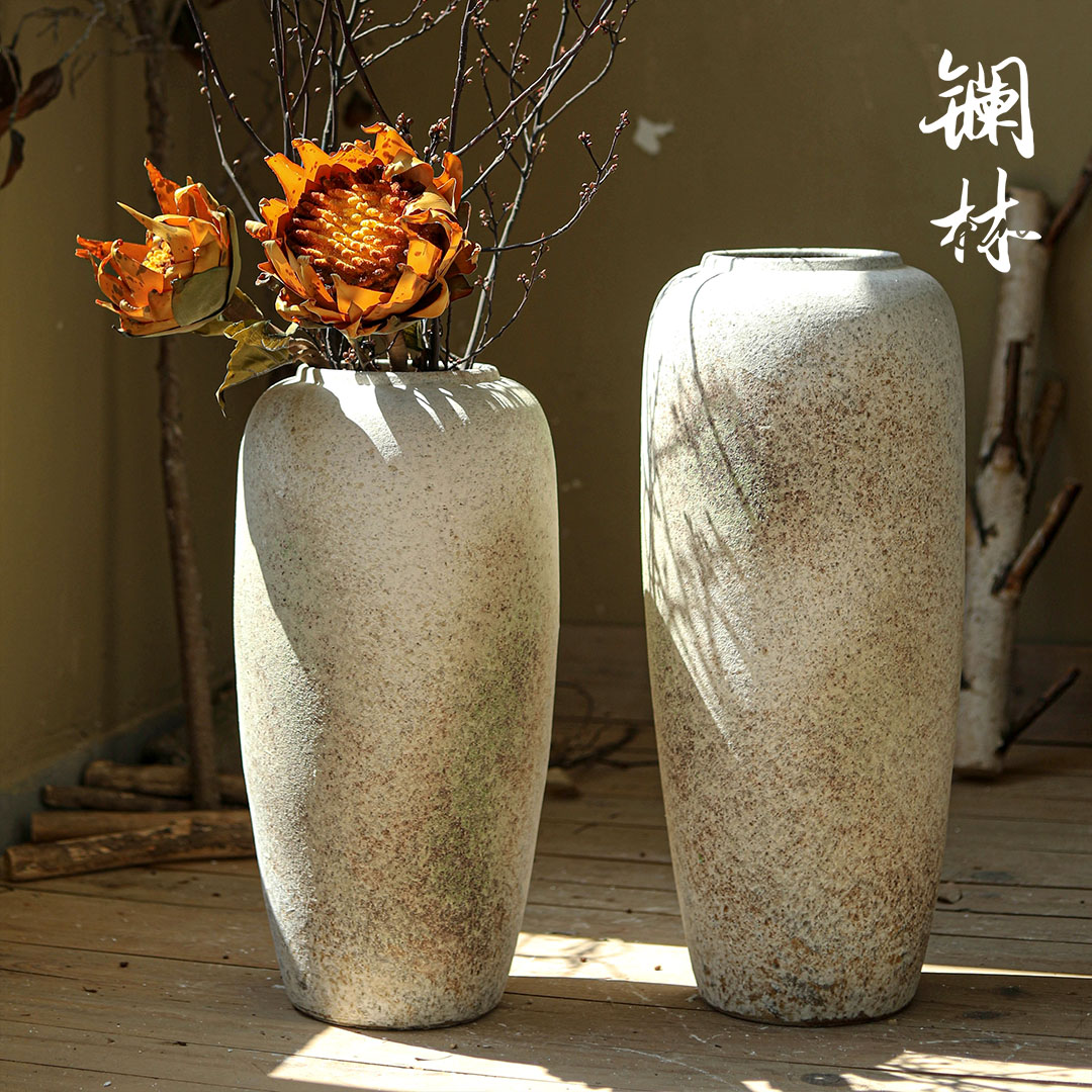 落地花瓶大号复古侘寂p风陶瓷摆件客厅插干花2021新款粗陶陶罐花