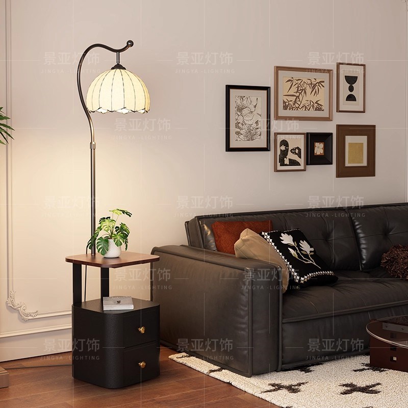 落地灯实a木床头柜一体中古风卧室高级感客厅沙发旁边氛围边几台