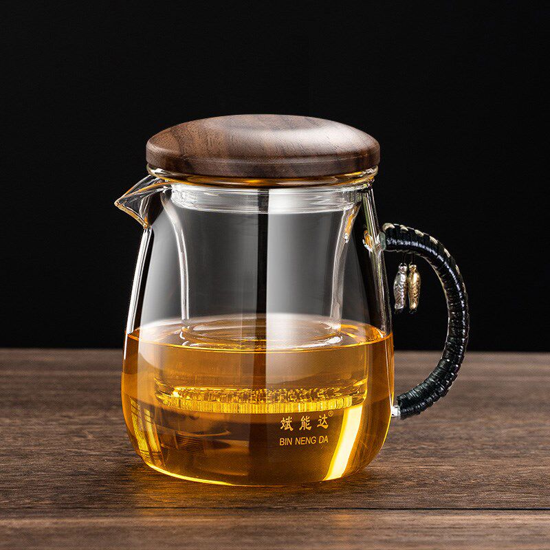 7M加厚玻璃杯子男士过滤网带盖功夫泡茶胡桃木办公室耐热茶水分离