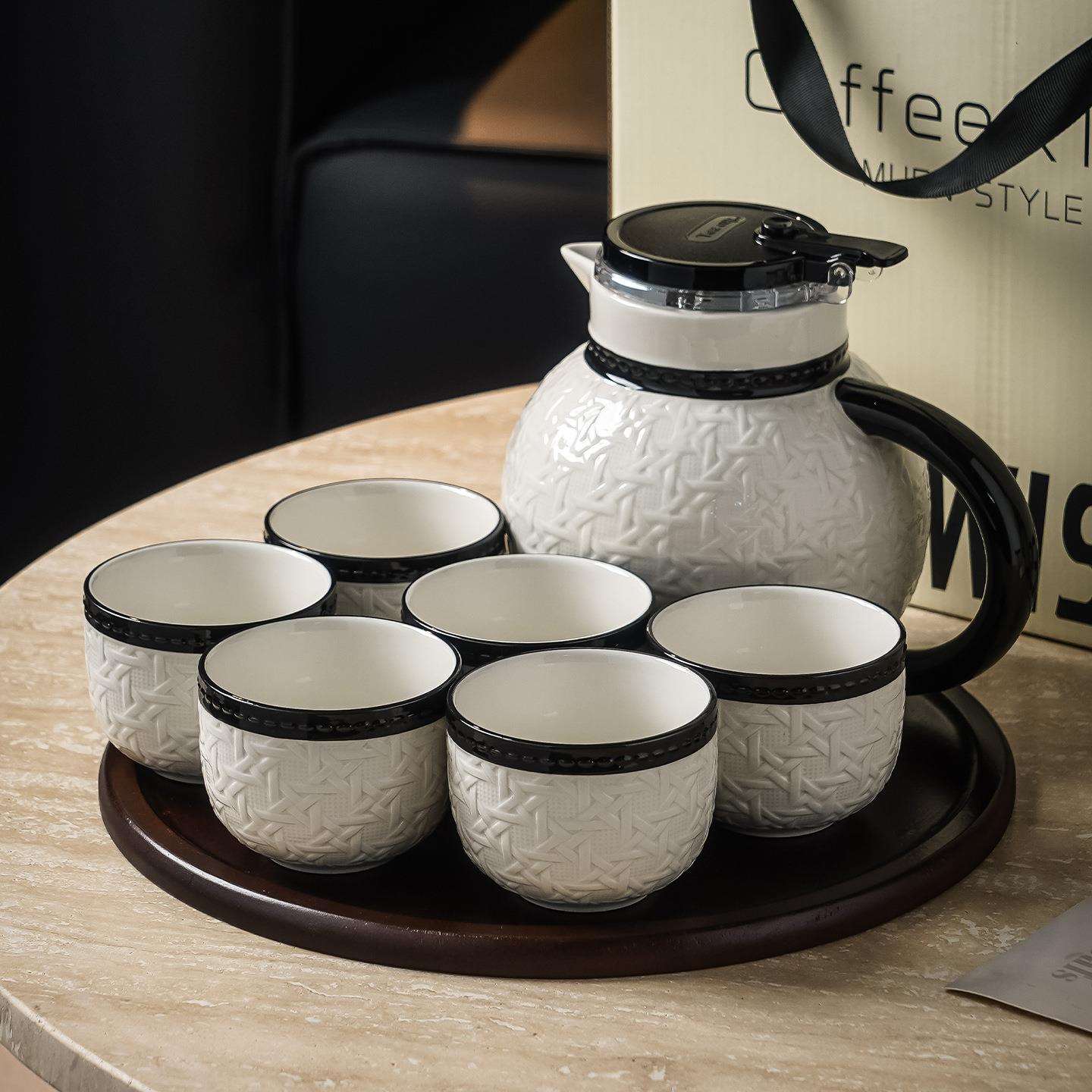 陶瓷茶具套装家用酒店民宿编织纹茶壶茶杯带木托盘带茶滤水具图片