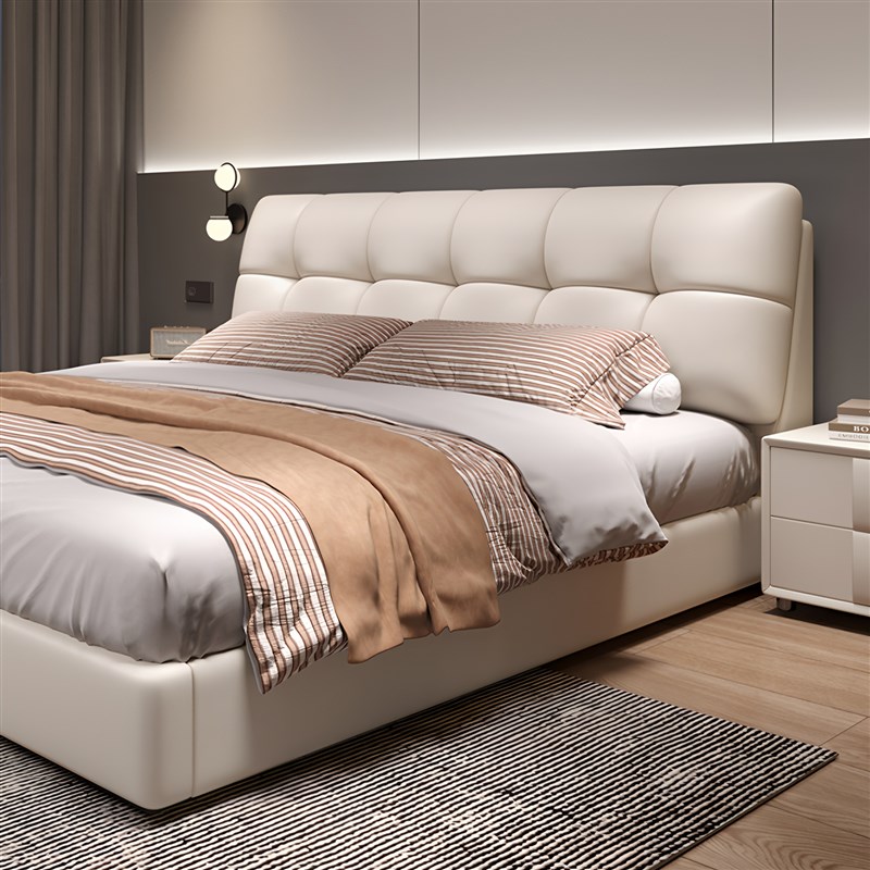 法式奶油风真皮床现代简约轻奢床1.8m主卧大床S双人科技布储物婚