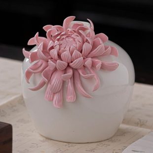 陶瓷白瓷手捏花粉色大菊花瓶插花干花瓶日用居家陶瓷摆件桌面花器