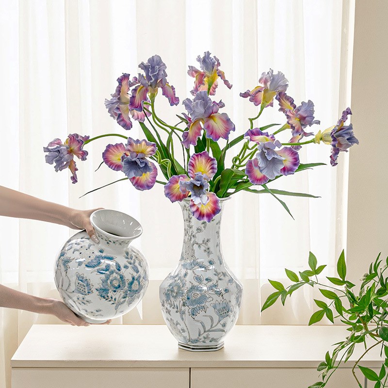 新中式青花浅兰陶瓷花瓶客厅古韵摆件仿古玄关鲜花插花高级感花瓶