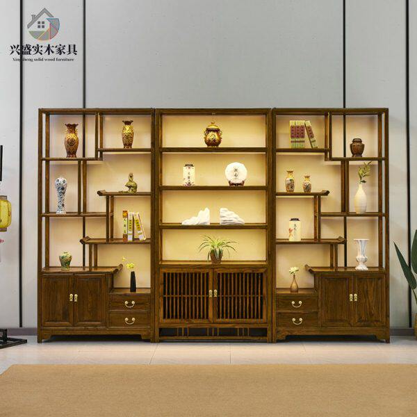 实木带灯博古架新中式书架落地置物架靠墙格子柜茶叶展示柜子定制